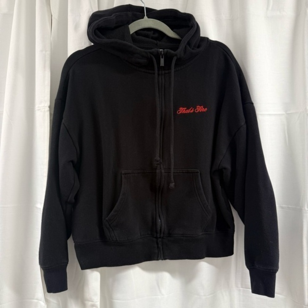 PINK Victoria’s Secret Black Flame Heart Zip Hoodie | Y2K Graphic Sweatshirt - S